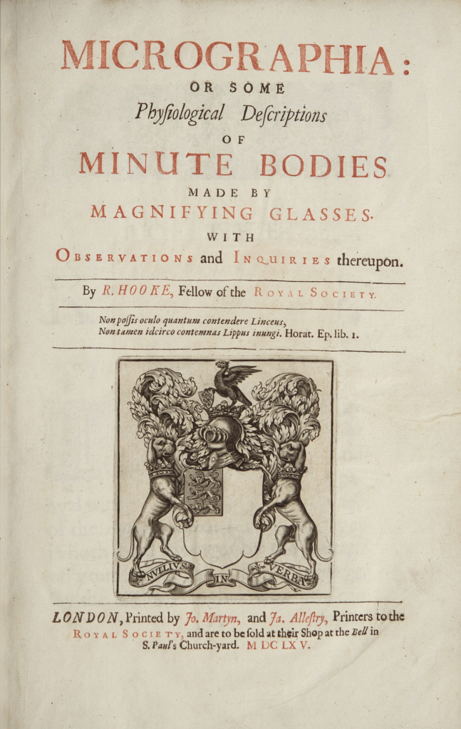 Micrographia by Robert Hooke, title page. 