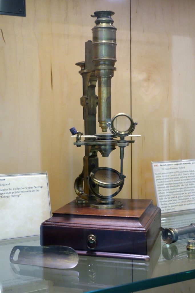 Microscope in the Golub Collection of Antique Microscopes, exhibited at the University of California, Berkeley - Berkeley, California, USA. 