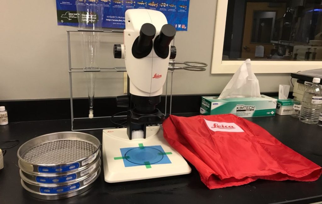 leica microscope: Large microscope used for counting microplastics found in water samples.